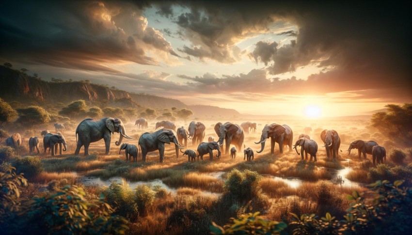 An artistic image showing a group of elephants in a social gathering