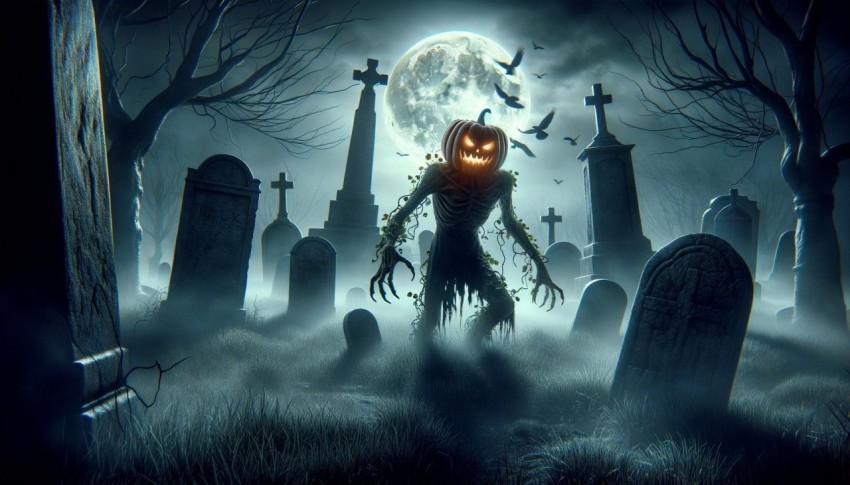 A zombie pumpkin rising from a graveyard cemetery.