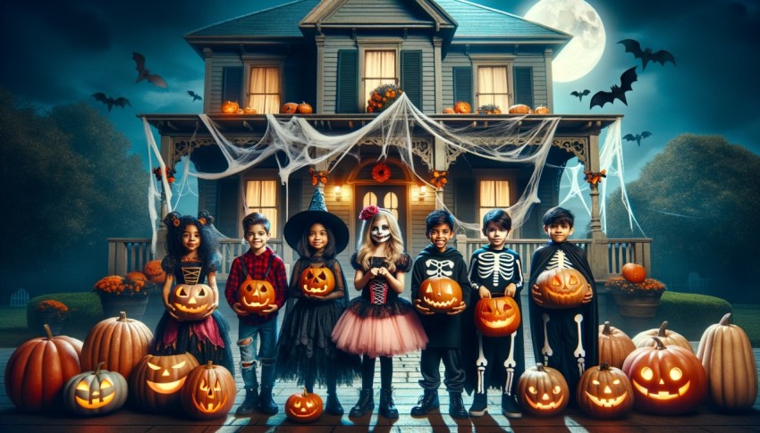 Happy Halloween! A group of children, dressed in suits and holding pumpkins, are at home.