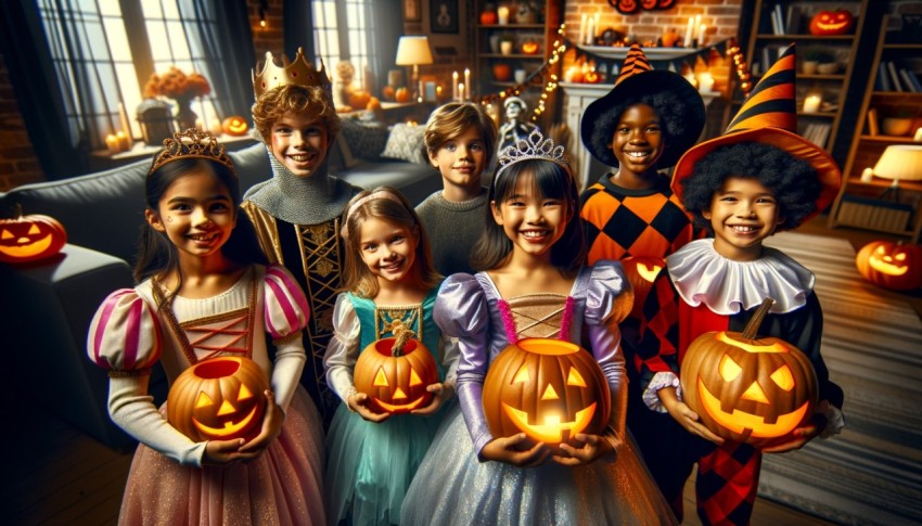 Happy Halloween! A group of children, dressed in suits and holding pumpkins, are at home.