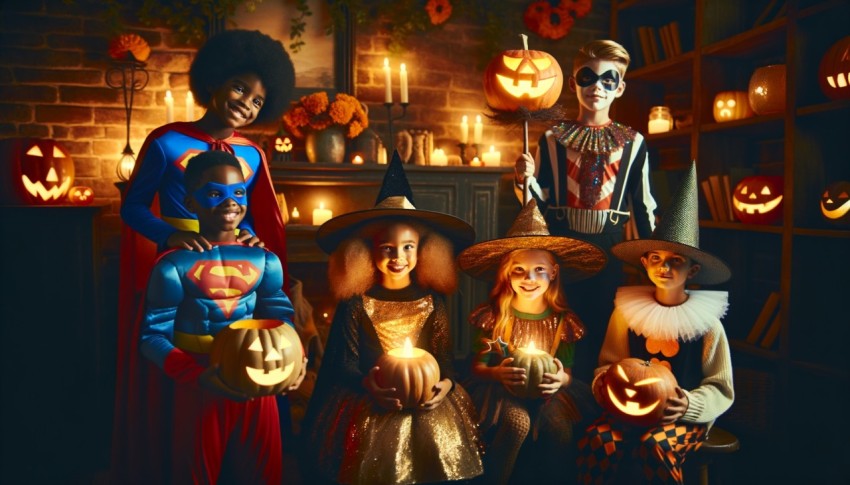 Happy Halloween! A group of children, dressed in suits and holding pumpkins, are at home.