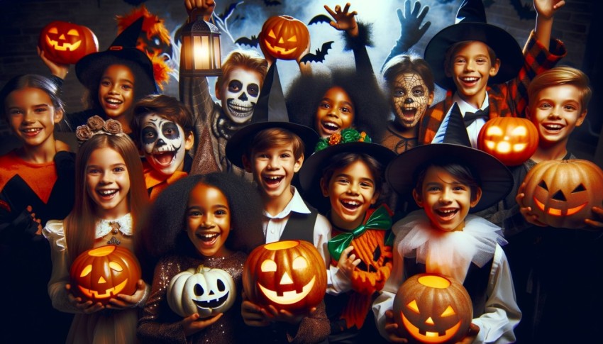 Happy Halloween! A group of children, dressed in suits and holding pumpkins, are at home.