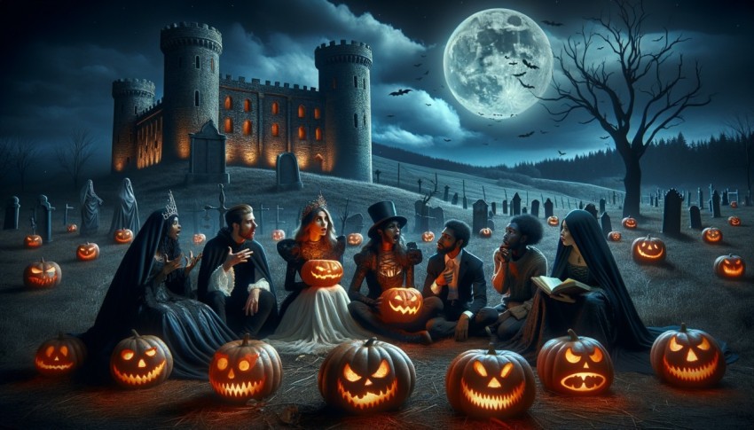 Scary Halloween background featuring an old castle and pumpkins.