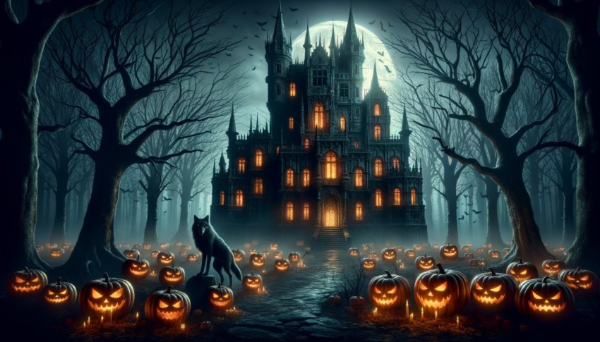 Scary Halloween background featuring an old castle and pumpkins.