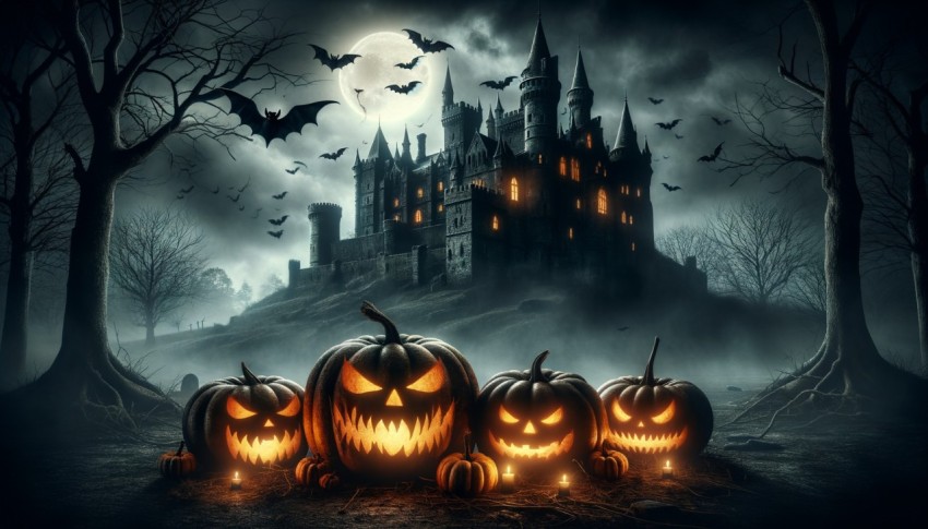 Scary Halloween background featuring an old castle and pumpkins.