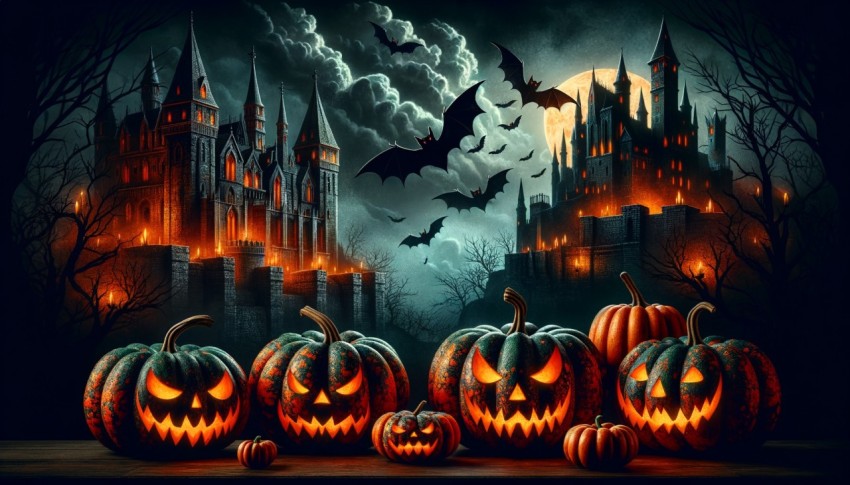 Scary Halloween background featuring an old castle and pumpkins.