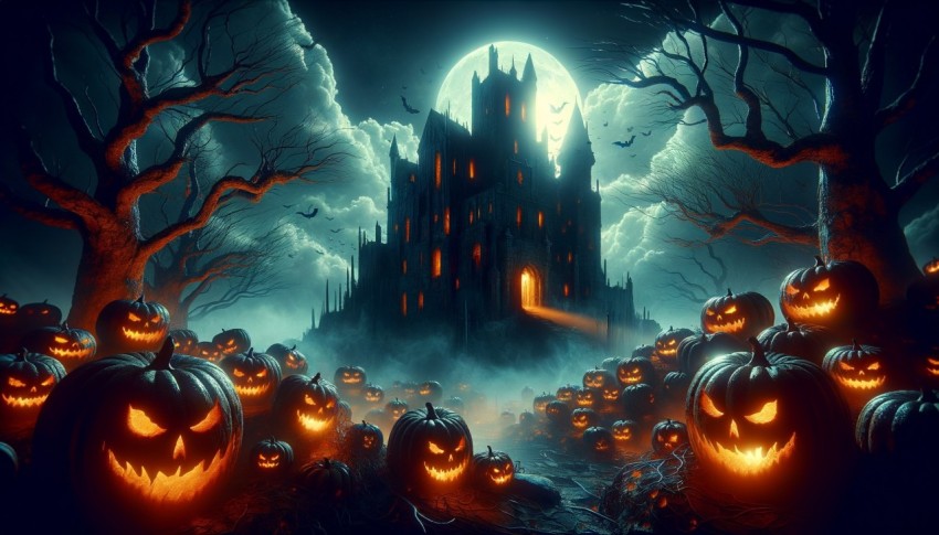 Scary Halloween background featuring an old castle and pumpkins.