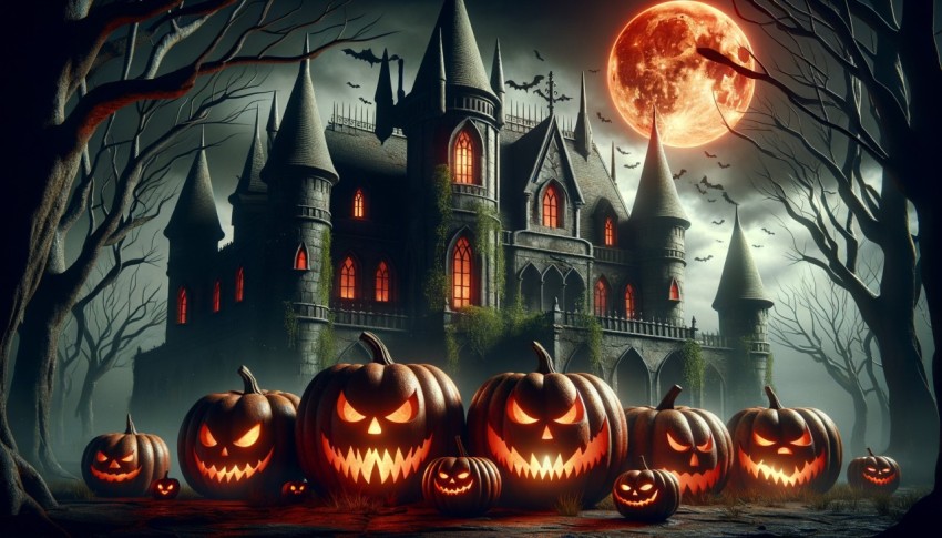 Scary Halloween background featuring an old castle and pumpkins.