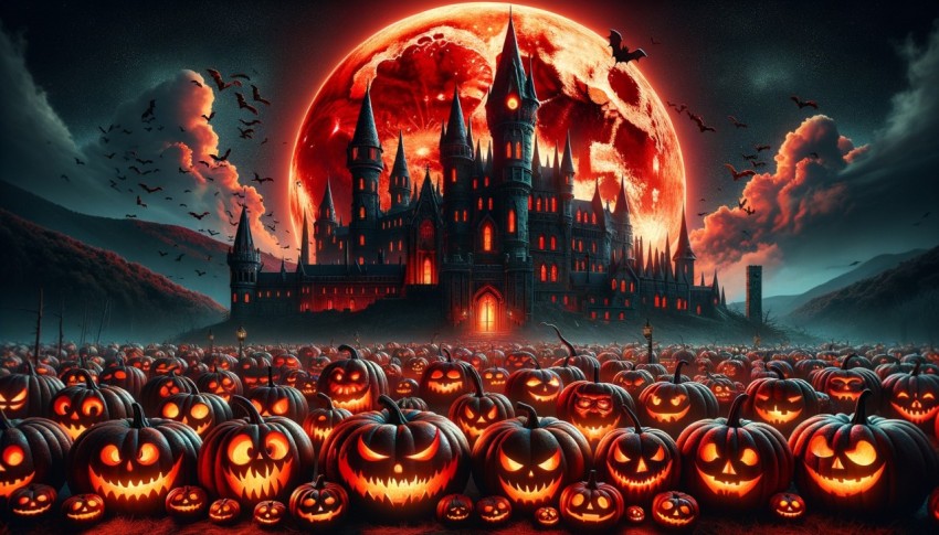 Scary Halloween background featuring an old castle and pumpkins.