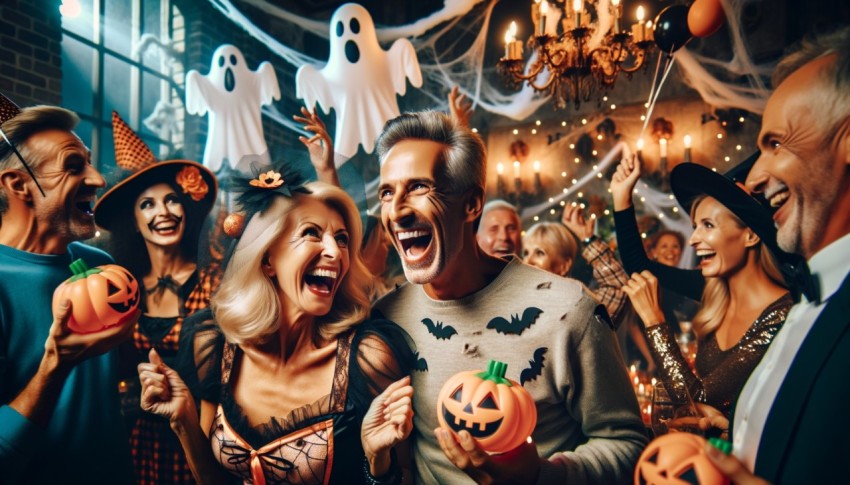 Happy young couple dressed in costumes at a Halloween party.