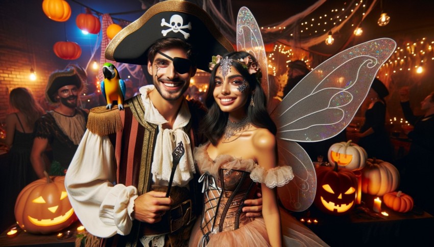 Happy young couple dressed in costumes at a Halloween party.