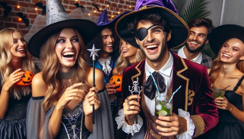 Happy young couple dressed in costumes at a Halloween party.