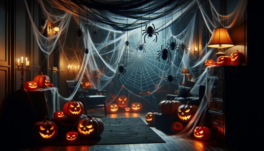 Interior of a dark house decorated with Halloween pumpkins, webs, and spiders.