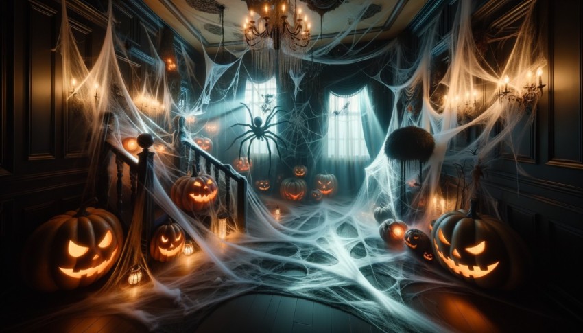 Interior of a dark house decorated with Halloween pumpkins, webs, and spiders.