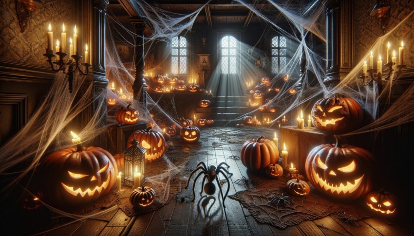 Interior of a dark house decorated with Halloween pumpkins, webs, and spiders.