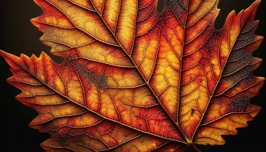 Zoom in on the intricate details of an autumn leaf.