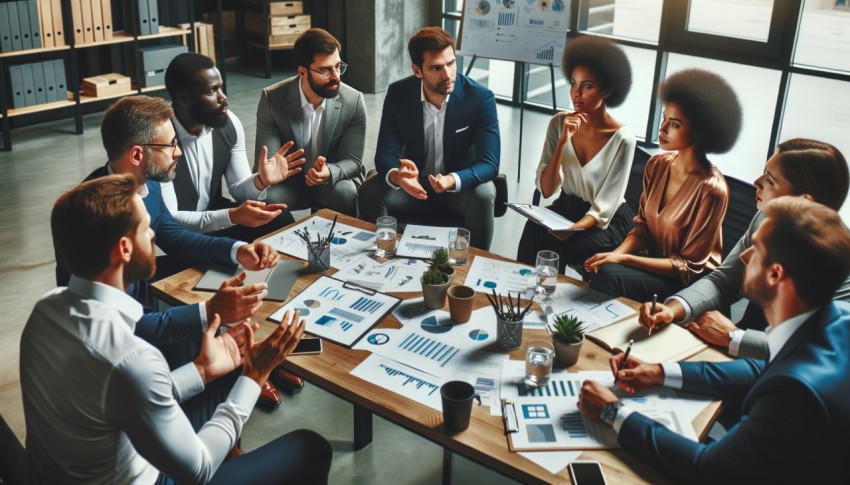 A business meeting with a diverse group of people.