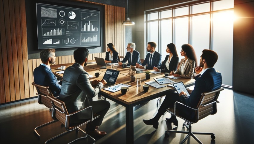 A business meeting with a diverse group of people.