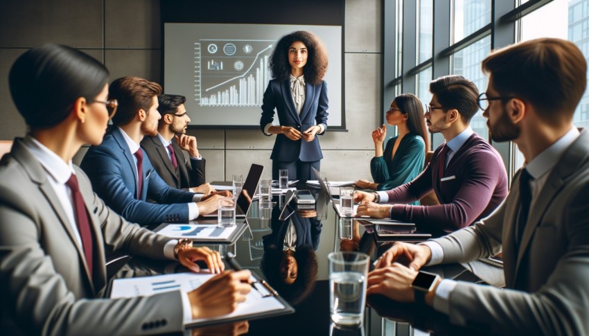 A business meeting with a diverse group of people.