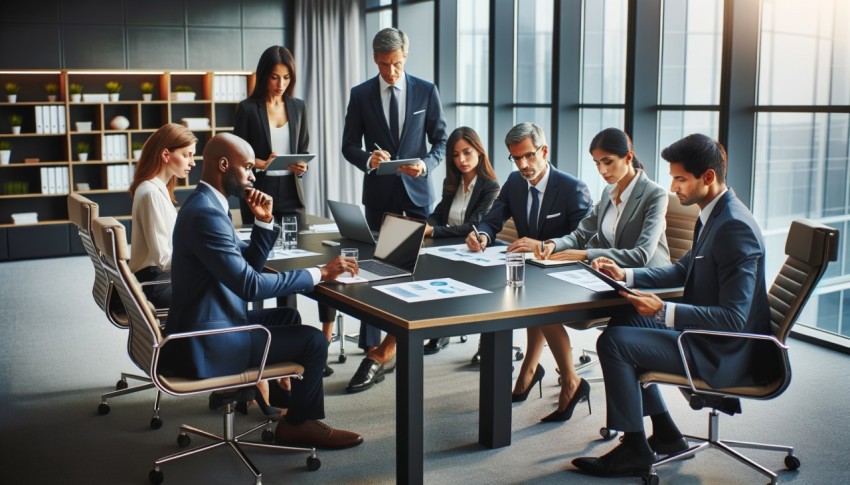 A business meeting with a diverse group of people.