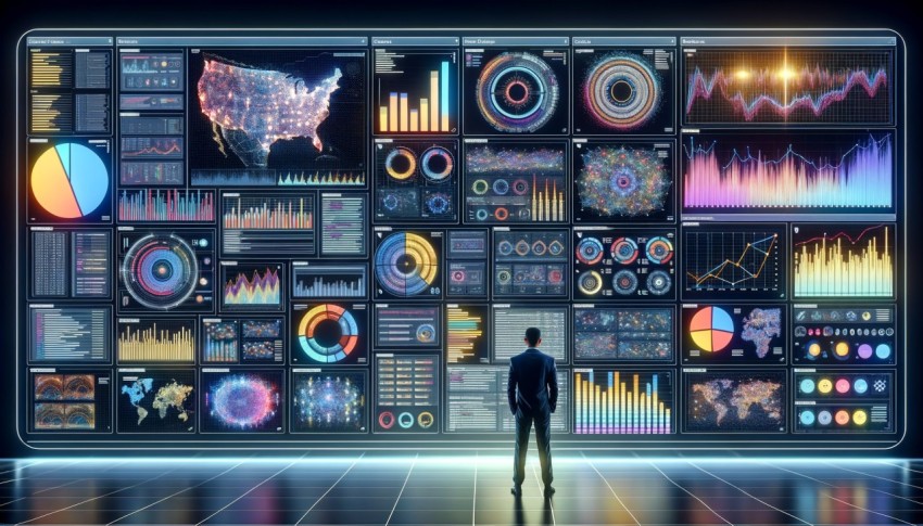 Business intelligence dashboard with big data graphs and charts.