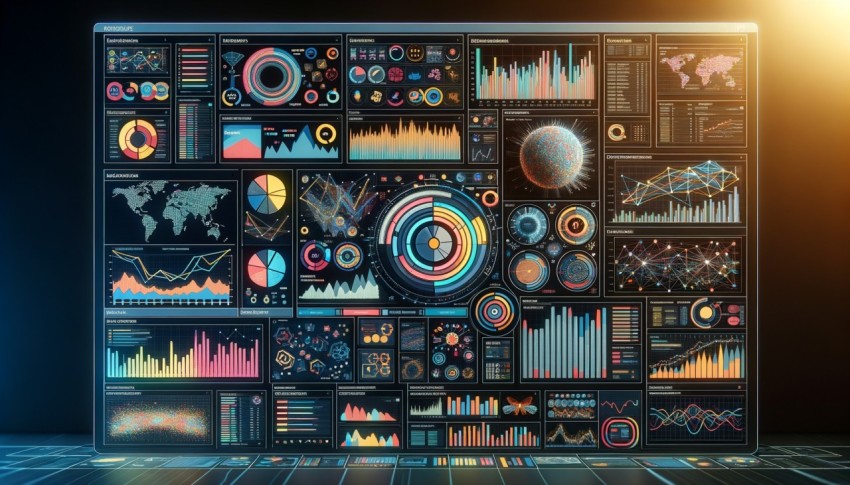 Business intelligence dashboard with big data graphs and charts.