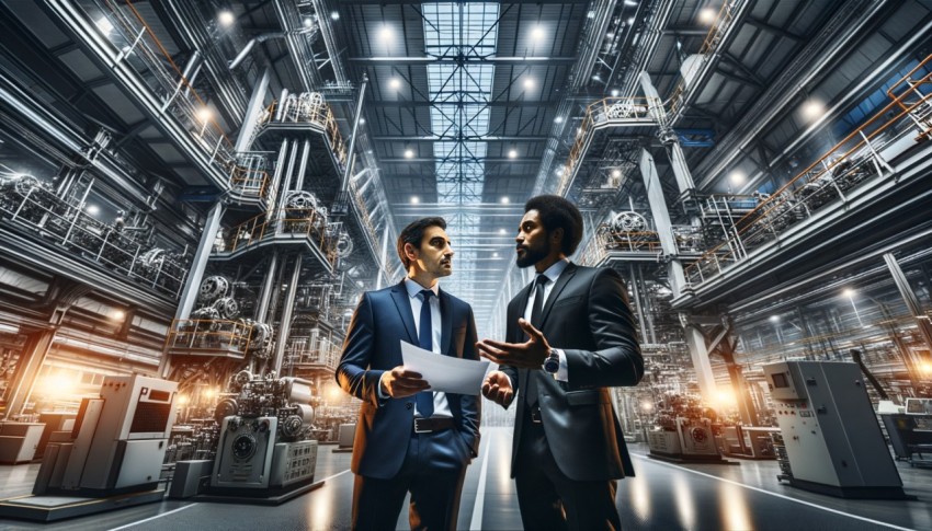 In a modern factory, two businesspeople are talking.