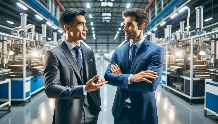 In a modern factory, two businesspeople are talking.