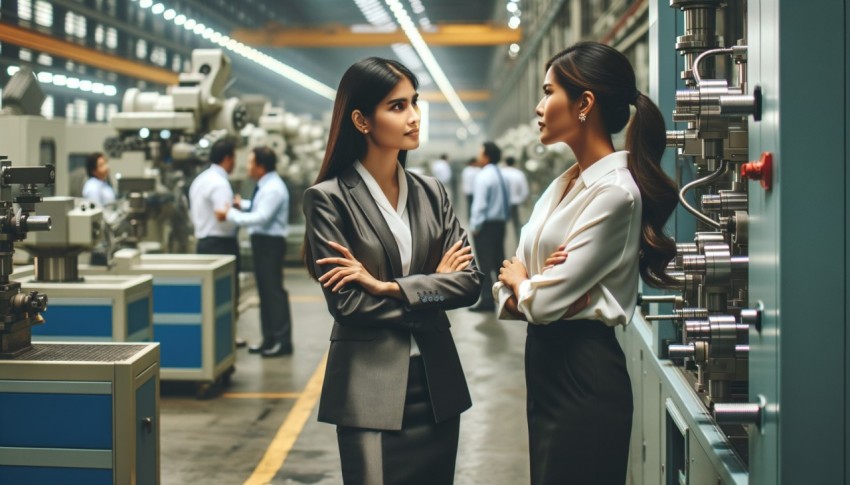 In a modern factory, two businesspeople are talking.