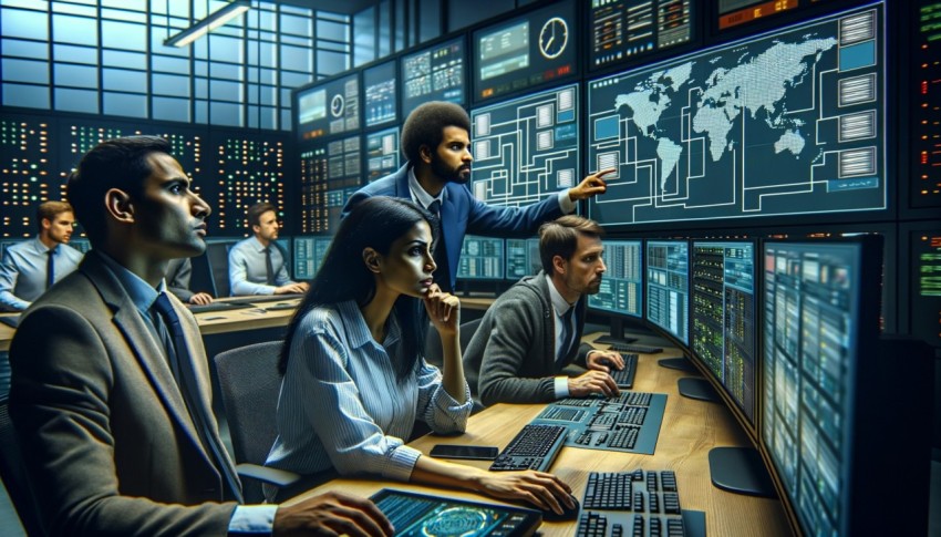 IT specialists monitor networks and data on control room screens.