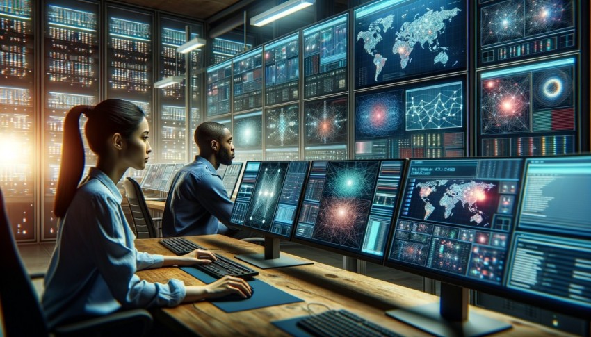 IT specialists monitor networks and data on control room screens.