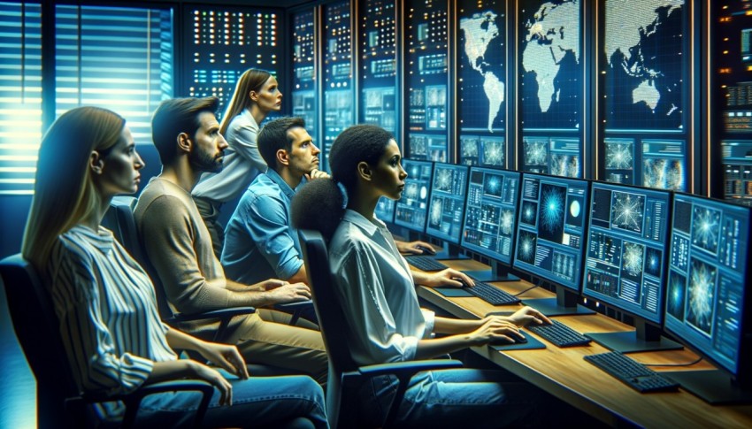 IT specialists monitor networks and data on control room screens.