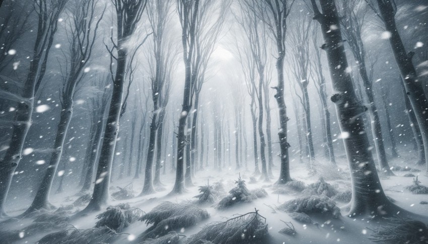 Winter in the forest with a snowstorm.