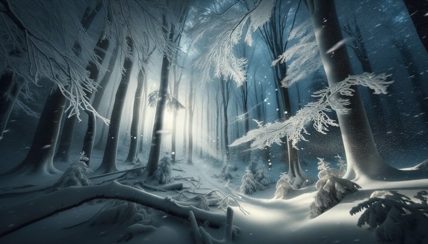 Winter in the forest with a snowstorm.