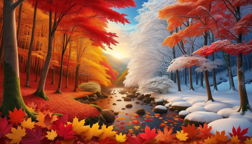 Autumn leaves and winter snows create vibrant, serene landscapes.