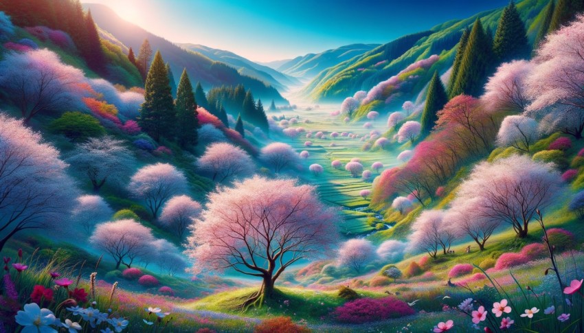 Spring with cherry blossoms falling in a valley teeming with life.