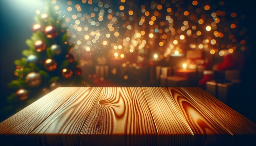 Wood table against a blurred New Year background, ideal for mockups and designs.