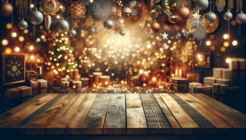 Wood table against a blurred New Year background, ideal for mockups and designs.