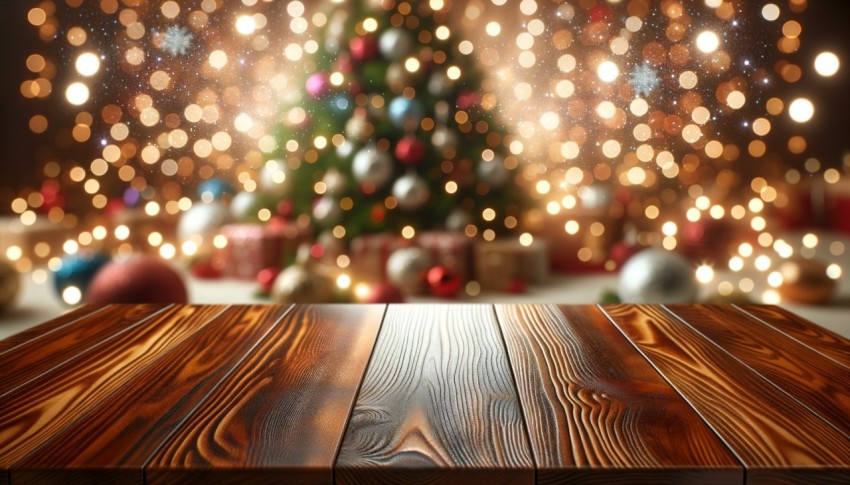 Wood table against a blurred New Year background, ideal for mockups and designs.