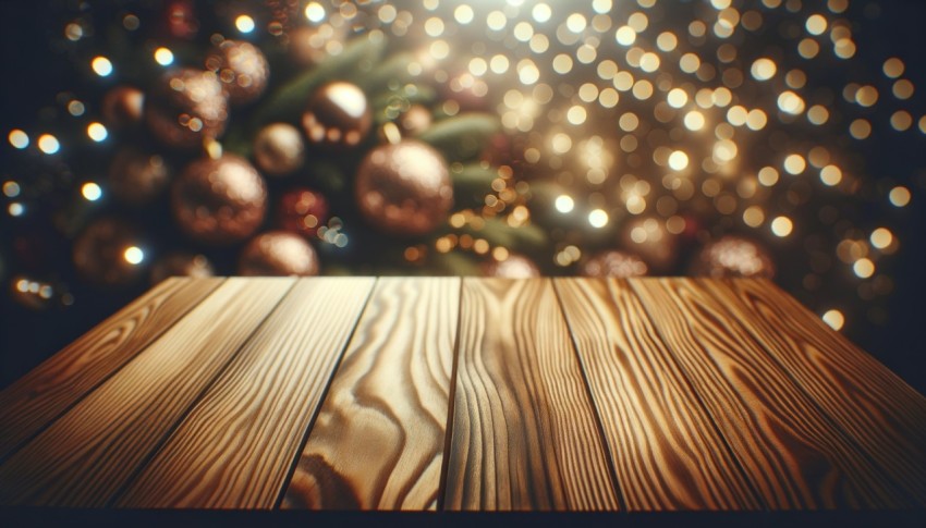 Wood table against a blurred New Year background, ideal for mockups and designs.