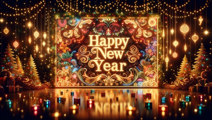 Happy New Year with warm and glowing lights against a festive backdrop.