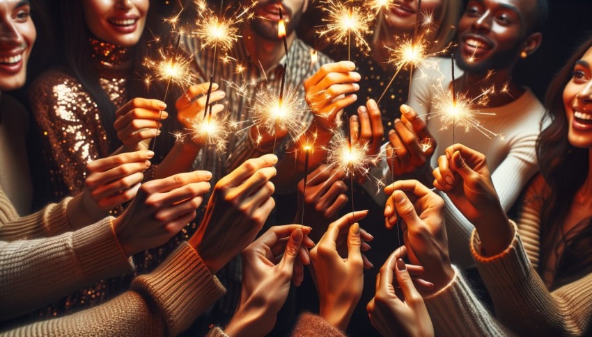 Diverse New Year countdown party with sparklers at night.