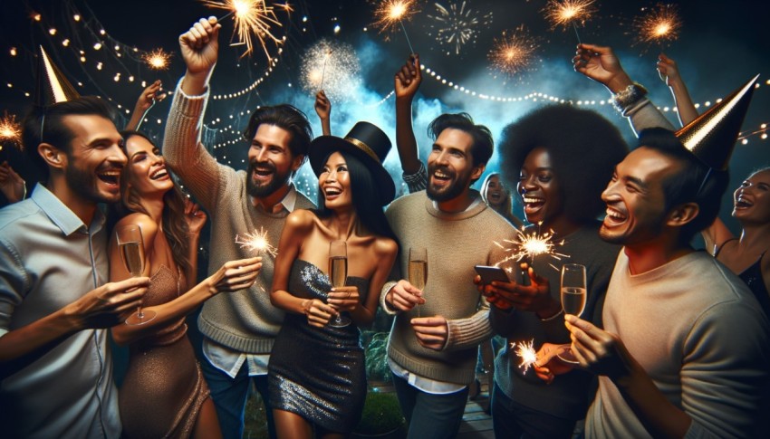 Diverse New Year countdown party with sparklers at night.