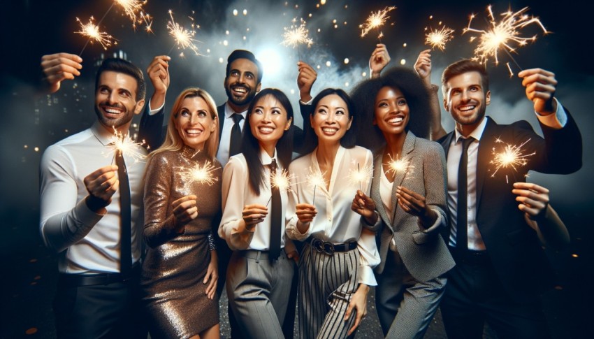 Diverse New Year countdown party with sparklers at night.