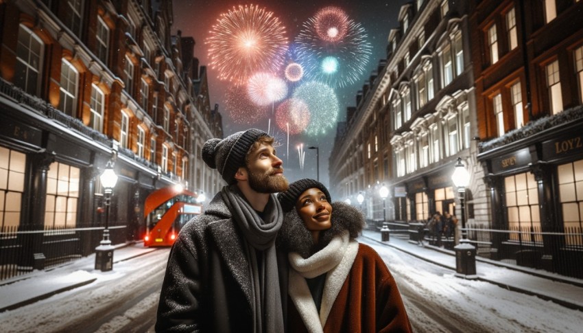 A picture of people watching fireworks on New Year's Day