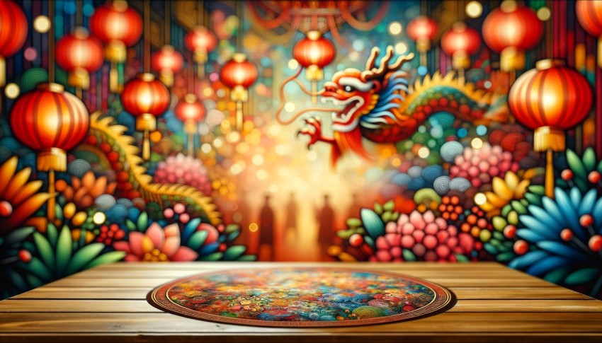 A table set against a blurred Chinese New Year background, ideal for mockups and designs.