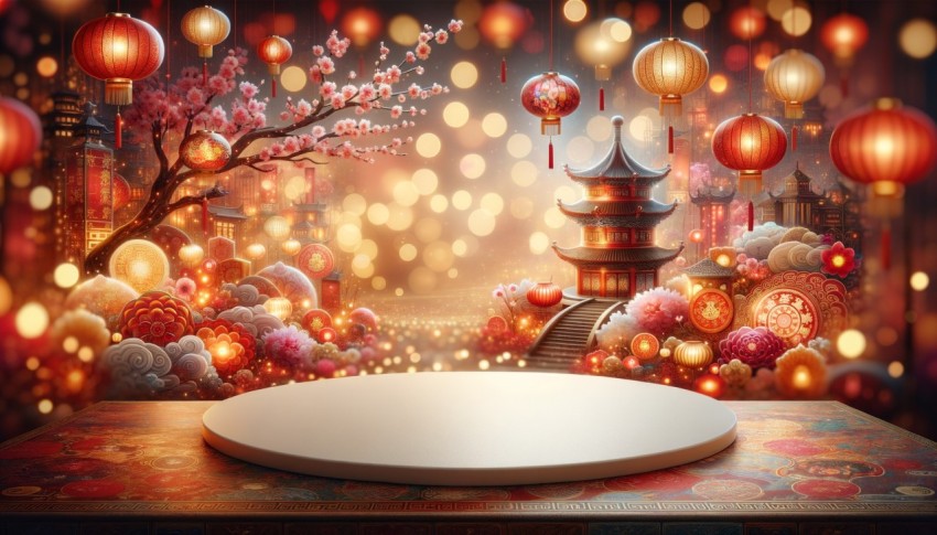 A table set against a blurred Chinese New Year background, ideal for mockups and designs.