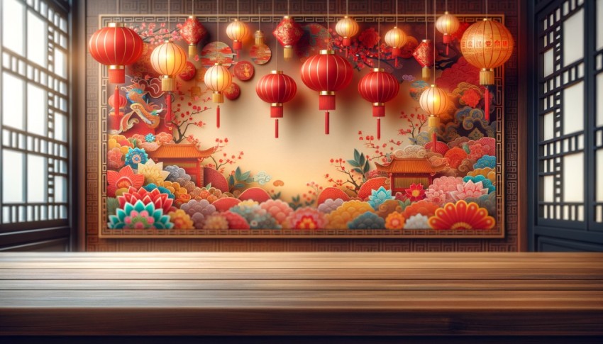 A table set against a blurred Chinese New Year background, ideal for mockups and designs.