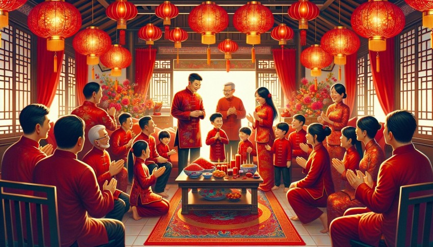 Asian family in red traditional costumes gathering for a Chinese New Year celebration, greeting each other.