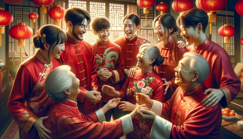 Asian family in red traditional costumes gathering for a Chinese New Year celebration, greeting each other.